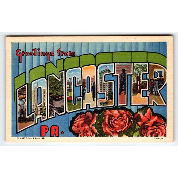 Vintage Greetings from Lancaster PA Linen Postcard by Curt Teich - Picture 1 of 2